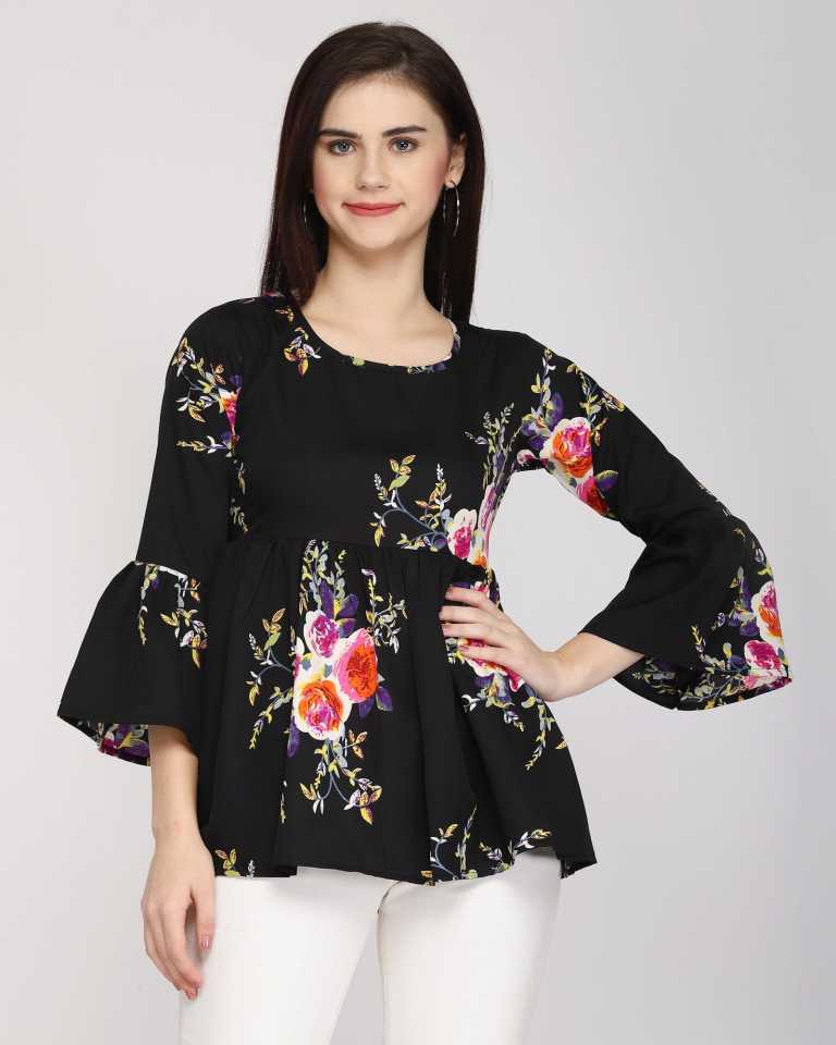 Casual Bell Sleeves Printed Women Multicolor Top