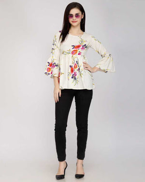 Casual Bell Sleeves Printed Women Multicolor Top