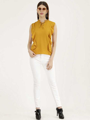 TANDUL  Casual Sleeveless Solid Women Yellow Top