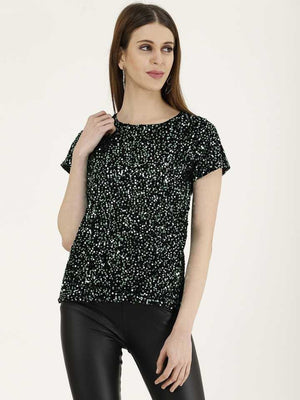 TANDUL  Casual Regular Sleeves Embellished Women Green Top