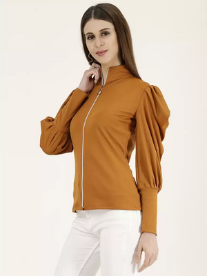 TANDUL  Casual Cuffed Sleeves Solid Women Yellow Top