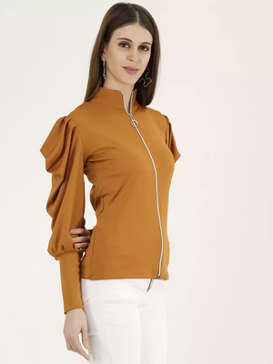 TANDUL  Casual Cuffed Sleeves Solid Women Yellow Top