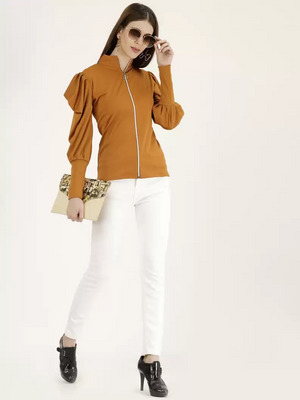 TANDUL  Casual Cuffed Sleeves Solid Women Yellow Top
