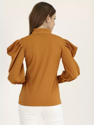 TANDUL  Casual Cuffed Sleeves Solid Women Yellow Top