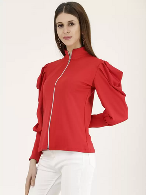 TANDUL  Casual Cuffed Sleeves Solid Women Red Top