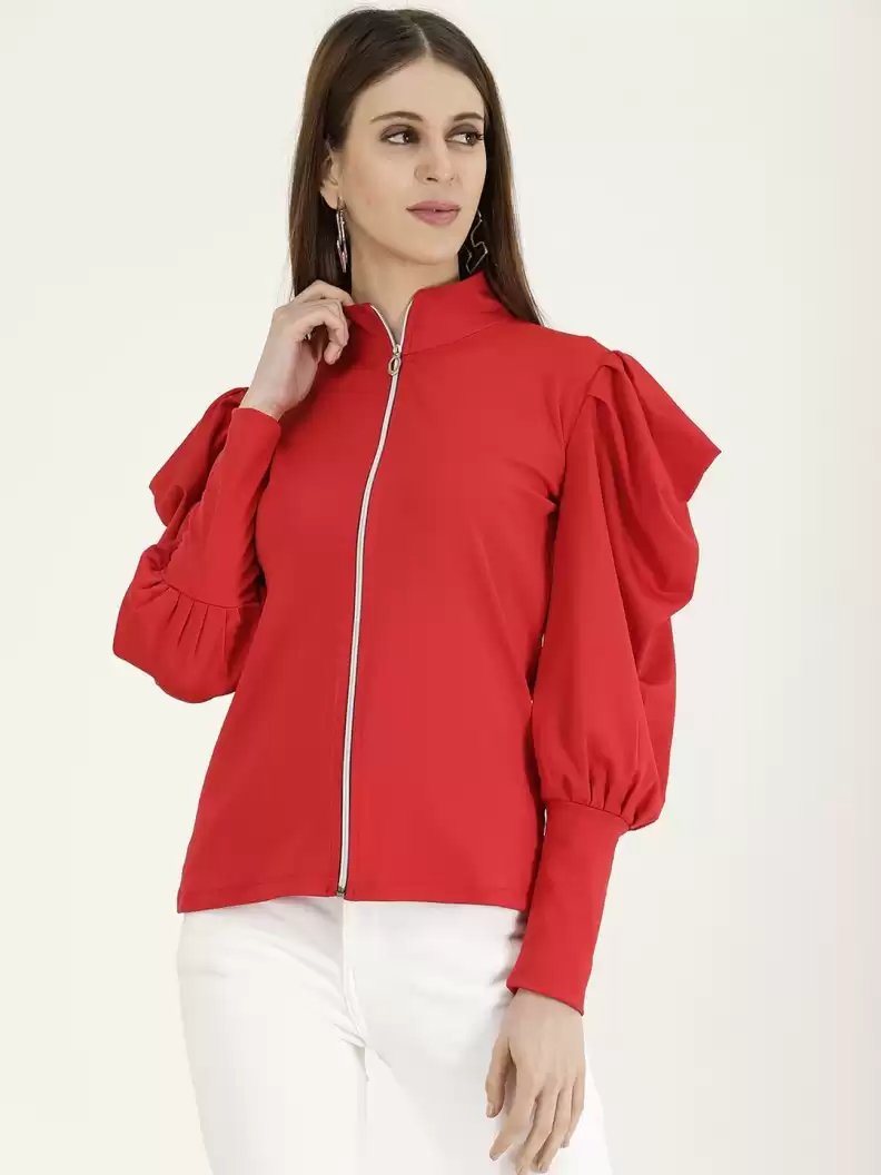 TANDUL  Casual Cuffed Sleeves Solid Women Red Top