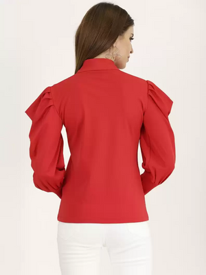 TANDUL  Casual Cuffed Sleeves Solid Women Red Top
