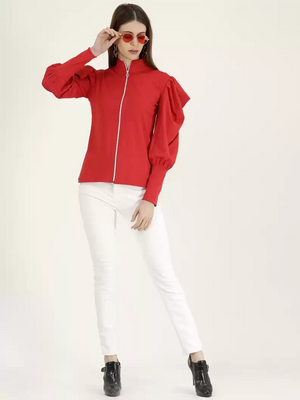 TANDUL  Casual Cuffed Sleeves Solid Women Red Top