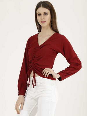 TANDUL  Casual Regular Sleeves Solid Women Maroon Top