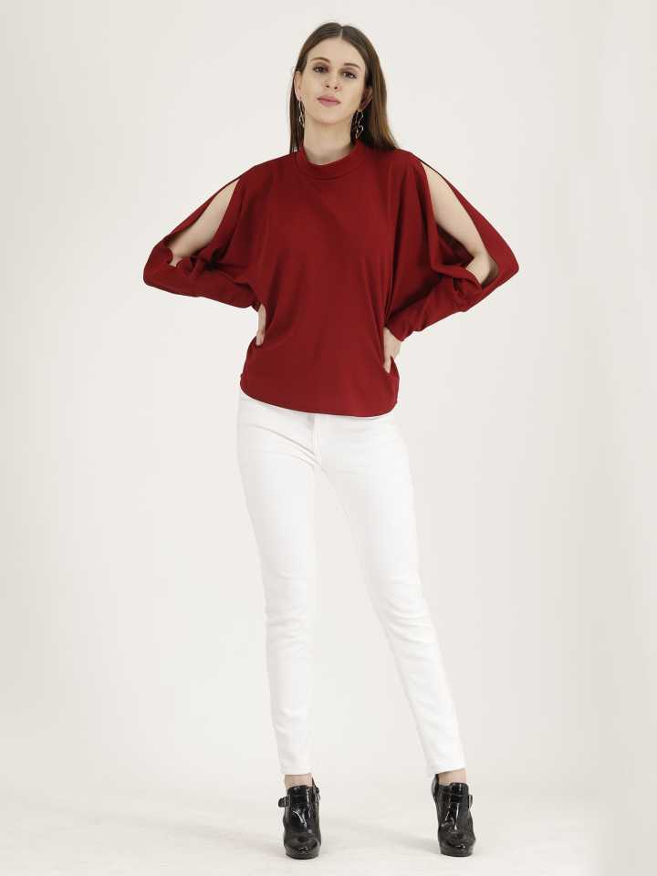 Casual Regular Sleeves Solid Women Maroon Top
