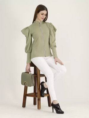 TANDUL  Casual Regular Sleeves Solid Women Light Green Top