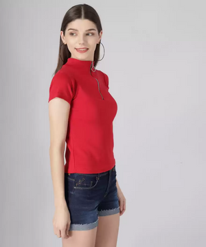 Casual Regular Sleeves Solid Women Red Top