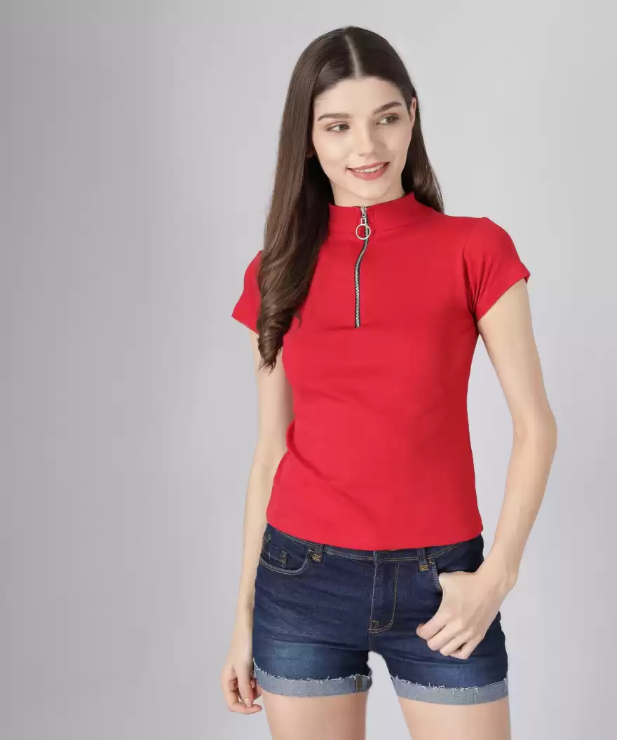 Casual Regular Sleeves Solid Women Red Top