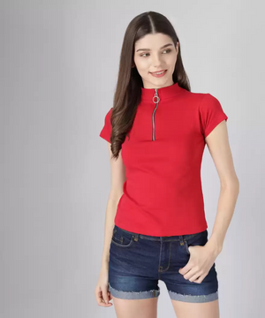 Casual Regular Sleeves Solid Women Red Top