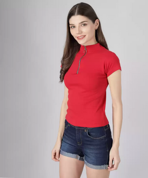 Casual Regular Sleeves Solid Women Red Top