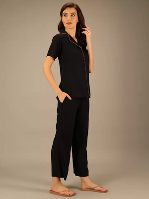 TANDUL  Women Solid Black Shirt & Pyjama set