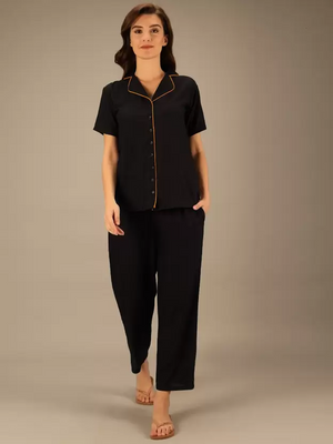 TANDUL  Women Solid Black Shirt & Pyjama set