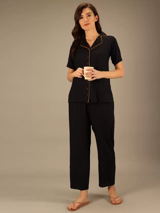 TANDUL  Women Solid Black Shirt & Pyjama set