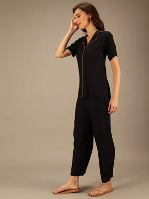 TANDUL  Women Solid Black Shirt & Pyjama set