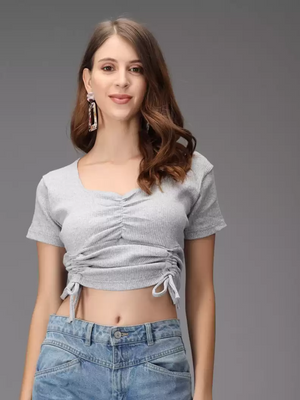 TANDUL  Casual Regular Sleeves Striped Women Grey Top