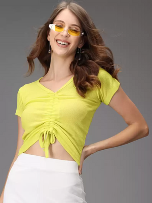 TANDUL  Casual Regular Sleeves Solid Women Yellow Top