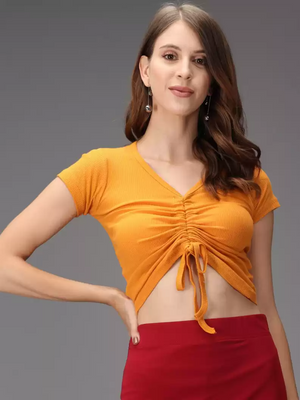 TANDUL  Casual Regular Sleeves Solid Women Yellow Top