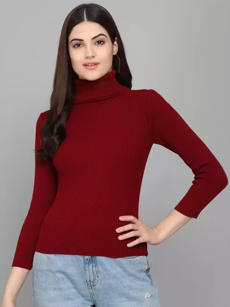 TANDUL  Solid High Neck Casual Women Maroon Sweater