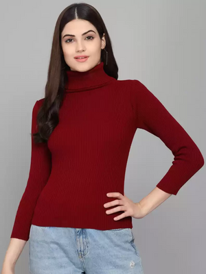 TANDUL  Solid High Neck Casual Women Maroon Sweater