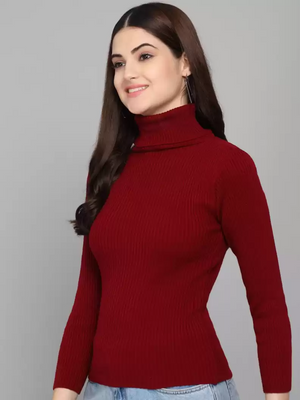 TANDUL  Solid High Neck Casual Women Maroon Sweater