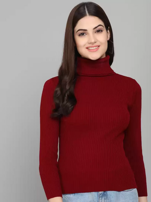 TANDUL  Solid High Neck Casual Women Maroon Sweater