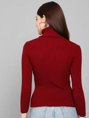 TANDUL  Solid High Neck Casual Women Maroon Sweater