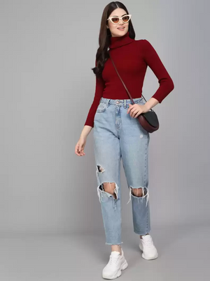TANDUL  Solid High Neck Casual Women Maroon Sweater