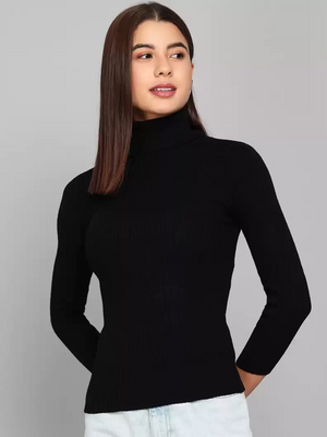 TANDUL  Self Design High Neck Casual Women Black Sweater