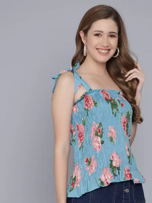 TANDUL  Casual Noodle Straps Floral Print Women Multicolor Top