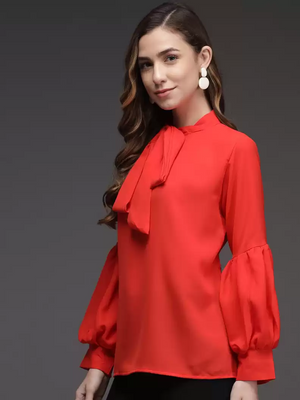 TANDUL  Casual Cuffed Sleeves Solid Women Red Top
