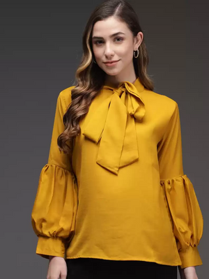 TANDUL  Casual Cuffed Sleeves Solid Women Yellow Top