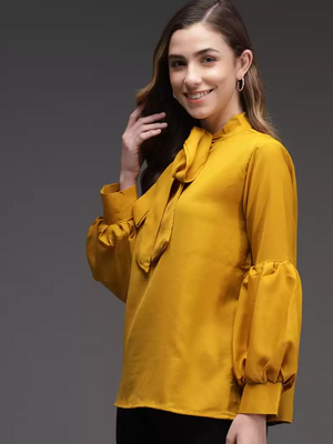 TANDUL  Casual Cuffed Sleeves Solid Women Yellow Top