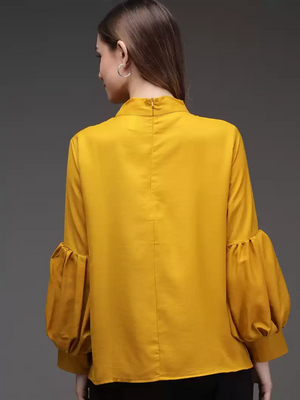 TANDUL  Casual Cuffed Sleeves Solid Women Yellow Top