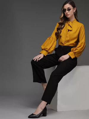 TANDUL  Casual Cuffed Sleeves Solid Women Yellow Top
