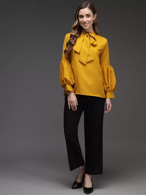 TANDUL  Casual Cuffed Sleeves Solid Women Yellow Top