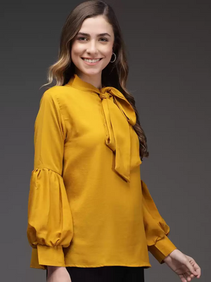TANDUL  Casual Cuffed Sleeves Solid Women Yellow Top