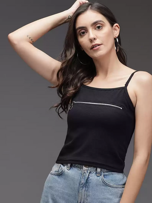 TANDUL  Casual Noodle Straps Solid Women Black Top
