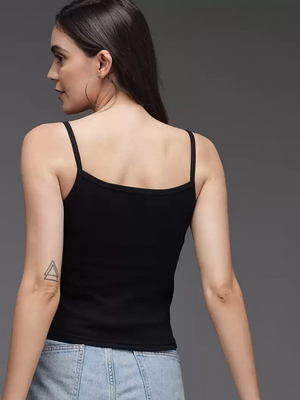 TANDUL  Casual Noodle Straps Solid Women Black Top