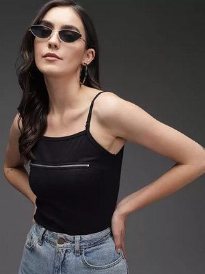 TANDUL  Casual Noodle Straps Solid Women Black Top