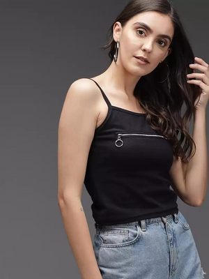 TANDUL  Casual Noodle Straps Solid Women Black Top