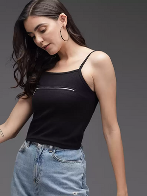 TANDUL  Casual Noodle Straps Solid Women Black Top
