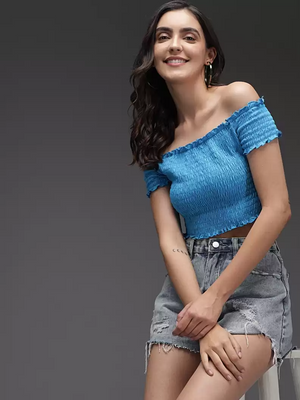 TANDUL  Casual Regular Sleeves Self Design Women Blue Top