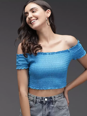 TANDUL  Casual Regular Sleeves Self Design Women Blue Top