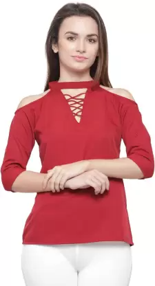 Casual Solid Women Maroon Top
