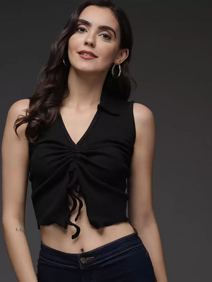 TANDUL  Casual Sleeveless Solid Women Black Top